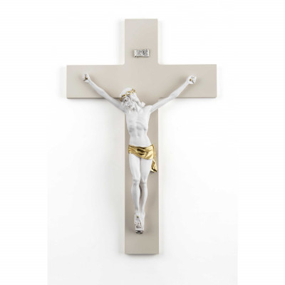 Bongelli Preziosi Crocifisso bianco e oro grande con croce in legno dalle linee moderne 30x48 Colore: Nocciola/Bianco