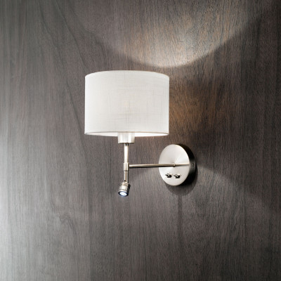 Perenz - Round Hotel - Applique cromo spazzolato con paralume in tessuto e braccio luminoso a LED - 2 Lampadine E27 40W - Lumen 90 - Gradi Kelvin 3000k Luce Calda - IP20 - SKU: 6160