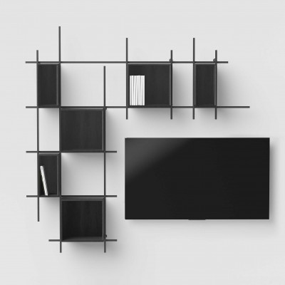 Pezzani - Libra - Libreria da parete con struttura in acciaio a L e con contenitori in legno - SKU: 0/72-6.COMP-2