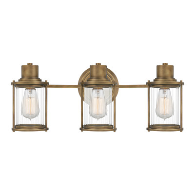 Quoizel - Riggs - Applique moderna per bagno struttura in acciaio e 3 diffusori in vetro - Colore: Ottone - 3 Lampadine E27 40W - IP44 - SKU: QZ-RIGGS3-BATH-WS