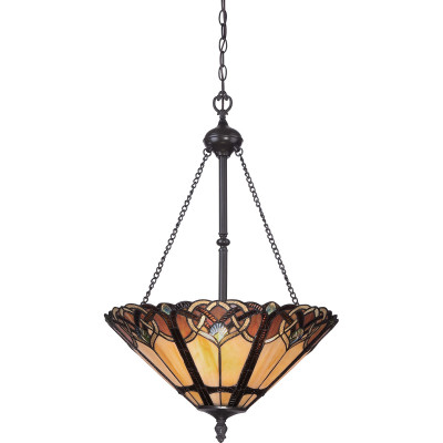 Quoizel - Cambridge - Lampada a sospensione classica in acciaio con paralume in vetro tiffany a 3 luci - Colore: Bronzo - 3 Lampadine E27 100W - IP20 - SKU: QZ-CAMBRIDGE-P