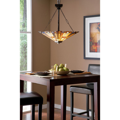 Quoizel - Inglenook - Lampada a sospensione classica in metallo con paralume in vetro tiffany a 3 luci - Colore: Bronzo - 3 Lampadine E27 100W - IP20 - SKU: QZ-INGLENOOK-P-B