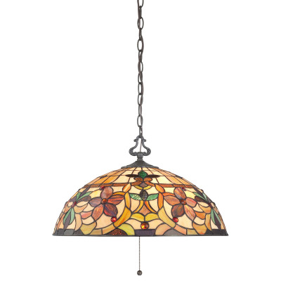 Quoizel - Kami - Lampada a sospensione classica in metallo e diffusore in vetro tiffany a 3 luci - Colore: Bronzo - 3 Lampadine E27 60W - IP20 - SKU: QZ-KAMI-P