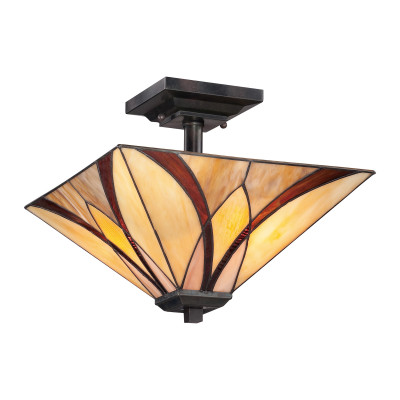 Quoizel - Asheville - Lampada da soffitto classica in metallo con diffusore in vetro tiffany a 2 luci - Colore: Bronzo - 2 Lampadine E27 100W - IP20 - SKU: QZ-ASHEVILLE-SF