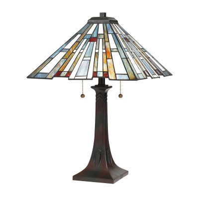Quoizel - Maybeck - Lampada da tavolo a 2 luci con struttura in acciaio e paralume in vetro - Colore: Bronzo - 2 Lampadine E27 60W - IP20 - SKU: QZ-MAYBECK-TL
