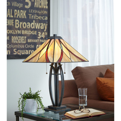  Quoizel - Asheville - Lampada da tavolo classica in metallo con diffusore in vetro tiffany a 2 luci - Colore: Bronzo - 2 Lampadine E27 60W - IP20 - SKU: QZ-ASHEVILLE-TL 
