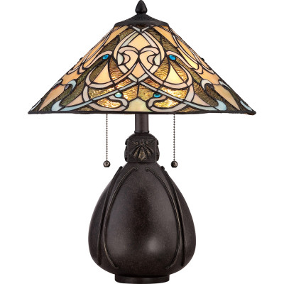  Quoizel - India - Lampada da tavolo classica in metallo con paralume in vetro tiffany a 2 luci - Colore: Bronzo - 2 Lampadine E27 75W - IP20 - SKU: QZ-INDIA-TL 
