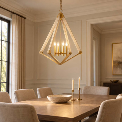 Quoizel View Point Lampadario moderno grande con struttura in acciaio e legno con 4 lampadine Colore: Ottone
