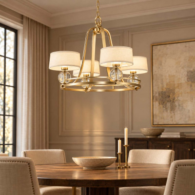 Quoizel Uptown Carnegie Lampadario moderno in metallo con diffusori in lino a 4 luci LED G9 Colore: Ottone
