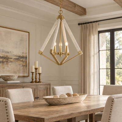 Quoizel View Point Lampadario moderno medio con struttura in acciaio e legno con 3 lampadine Colore: Ottone