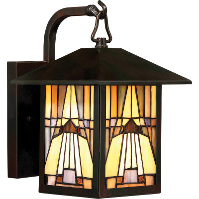 Quoizel - Inglenook - Lanterna piccola da esterni struttura in acciaio e diffusore in vetro tiffany - Colore: Bronzo - 1 Lampadina E27 60W - IP44 - SKU: QZ-INGLENOOK2-S