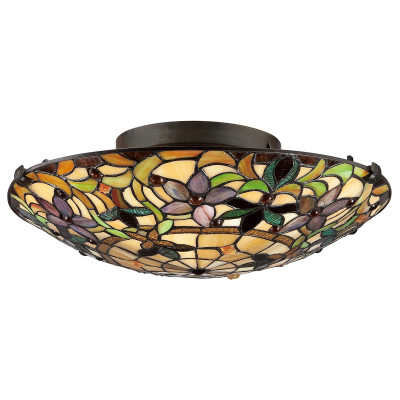 Quoizel - Kami - Plafoniera classica in metallo e diffusore rotondo in vetro tiffany con 2 luci - Colore: Bronzo - 2 Lampadine E27 60W - IP20 - SKU: QZ-KAMI-F