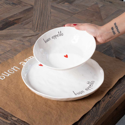 Simple Day - Buon Appetito - Set 2 piatti piani in ceramica dal design moderno - Colore: Bianco - SKU: 10011007