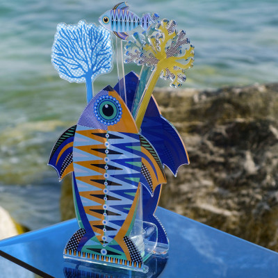 Vesta - Pesce - Vaso piccolo in plexiglass con portafiori in vetro dal design moderno - Colore: Blu - SKU: 7502559