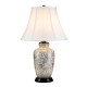 Lampada da tavolo dal design orientale in ceramica e paralume in tessuto
