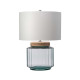 Lampada da tavolo moderna con struttura in vetro e legno e paralume in tessuto