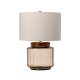 Lampada da tavolo moderna con struttura in vetro e legno e paralume in tessuto