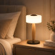 Lampada da comodino LED moderna in metallo e legno diffusore in vetro soffiato