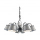 Lampadario rustico in metallo con cinque paralumi in ceramica decorati a mano