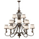 Lampadario rustico gigante struttura in acciaio e diffusori in organza a 15 luci