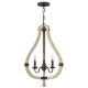 Lampadario rustico in acciaio e legno massiccio con diffusore a 3 luci