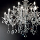 Lampadario grande in metallo cromato con bracci e pendenti in vetro soffiato