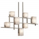 Lampadario lineare in acciaio con 7 diffusori in vetro dal design moderno