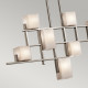 Lampadario lineare in acciaio con 7 diffusori in vetro dal design moderno