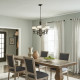Lampadario rustico in acciaio con diffusori in vetro opalino e maglia di lino