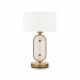 Lampada da tavolo in metallo e pietra dal design moderno e paralume in tessuto