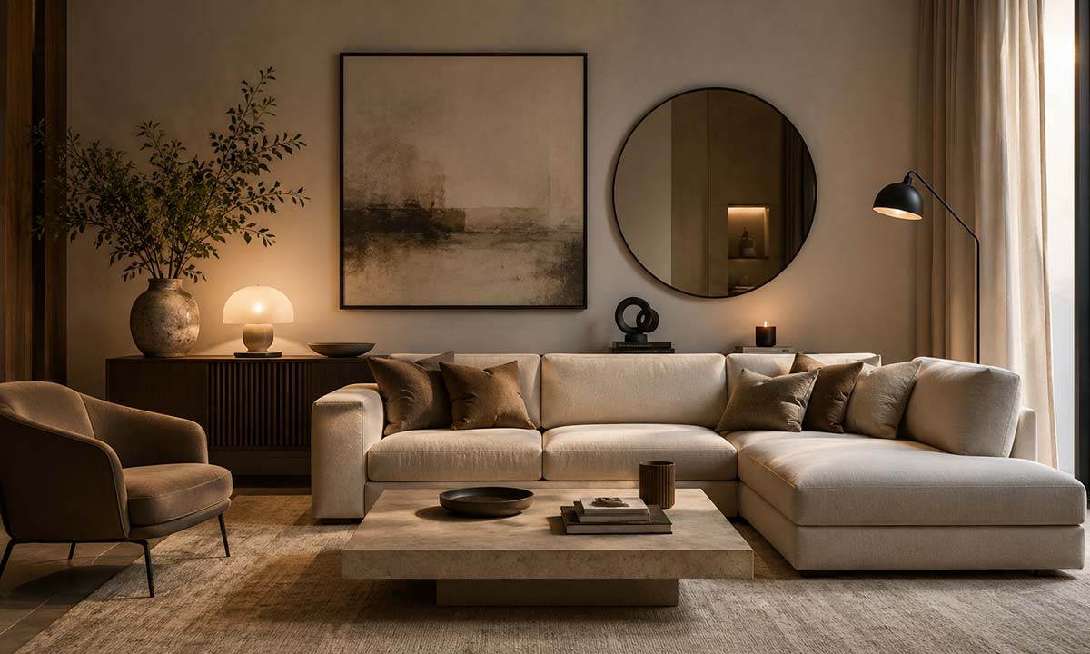 Soggiorno moderno arredato con complementi decorativi coordinati