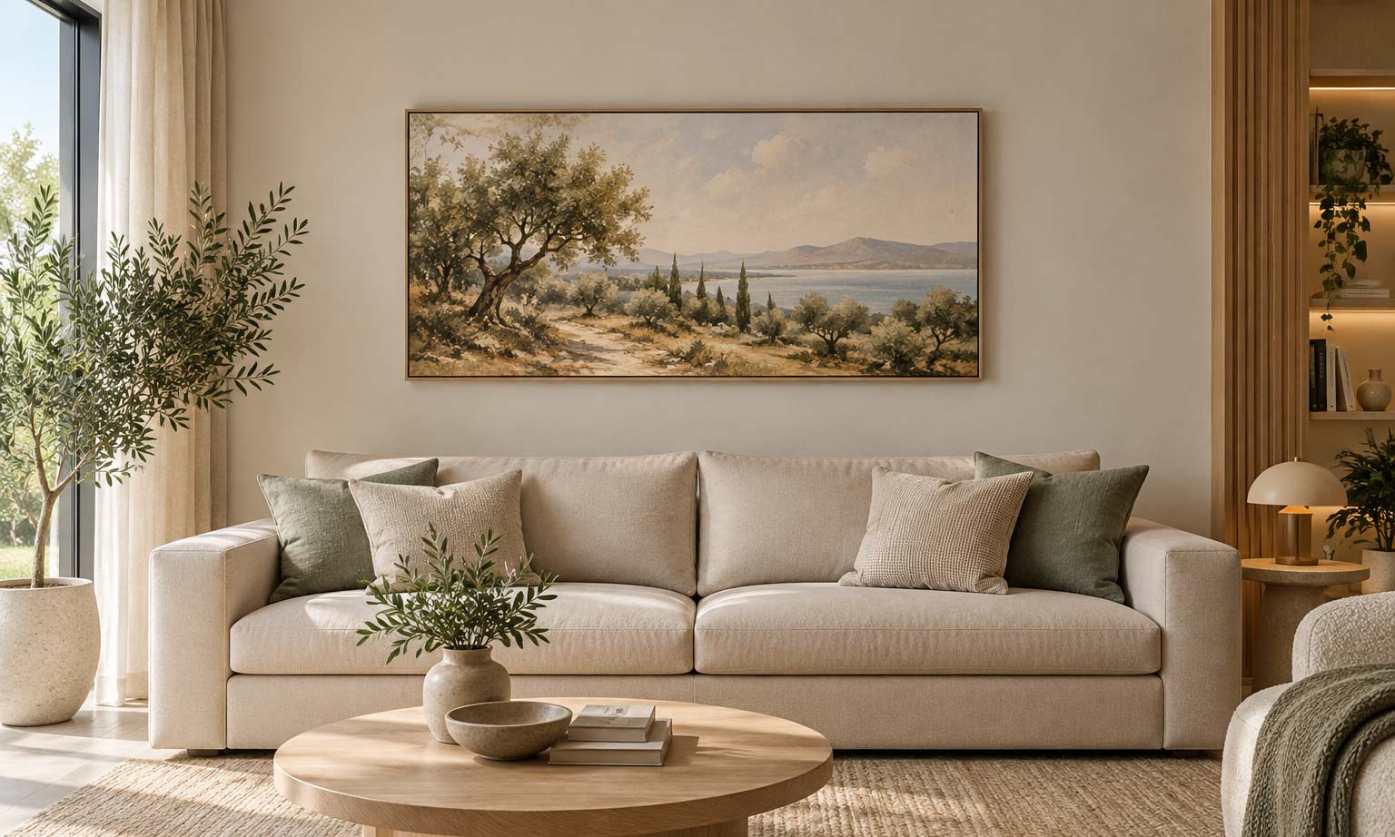 Quadro orizzontale proporzionato sopra un divano in un soggiorno moderno