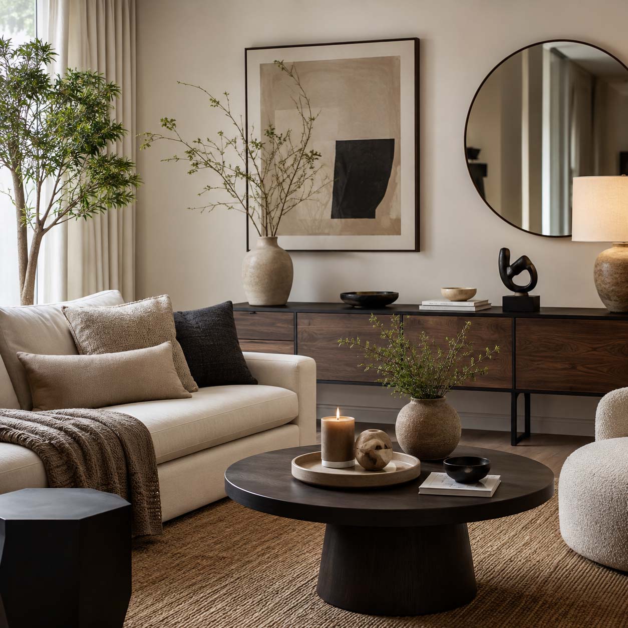Soggiorno moderno arredato con quadro, specchio, vasi e complementi decorativi coordinati