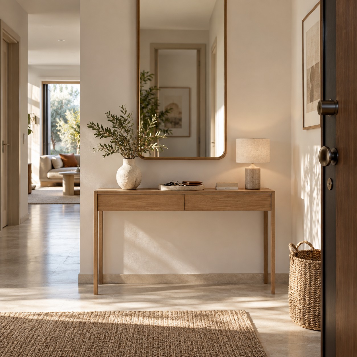 Ingresso italiano arredato con consolle in legno, specchio verticale e accessori essenziali