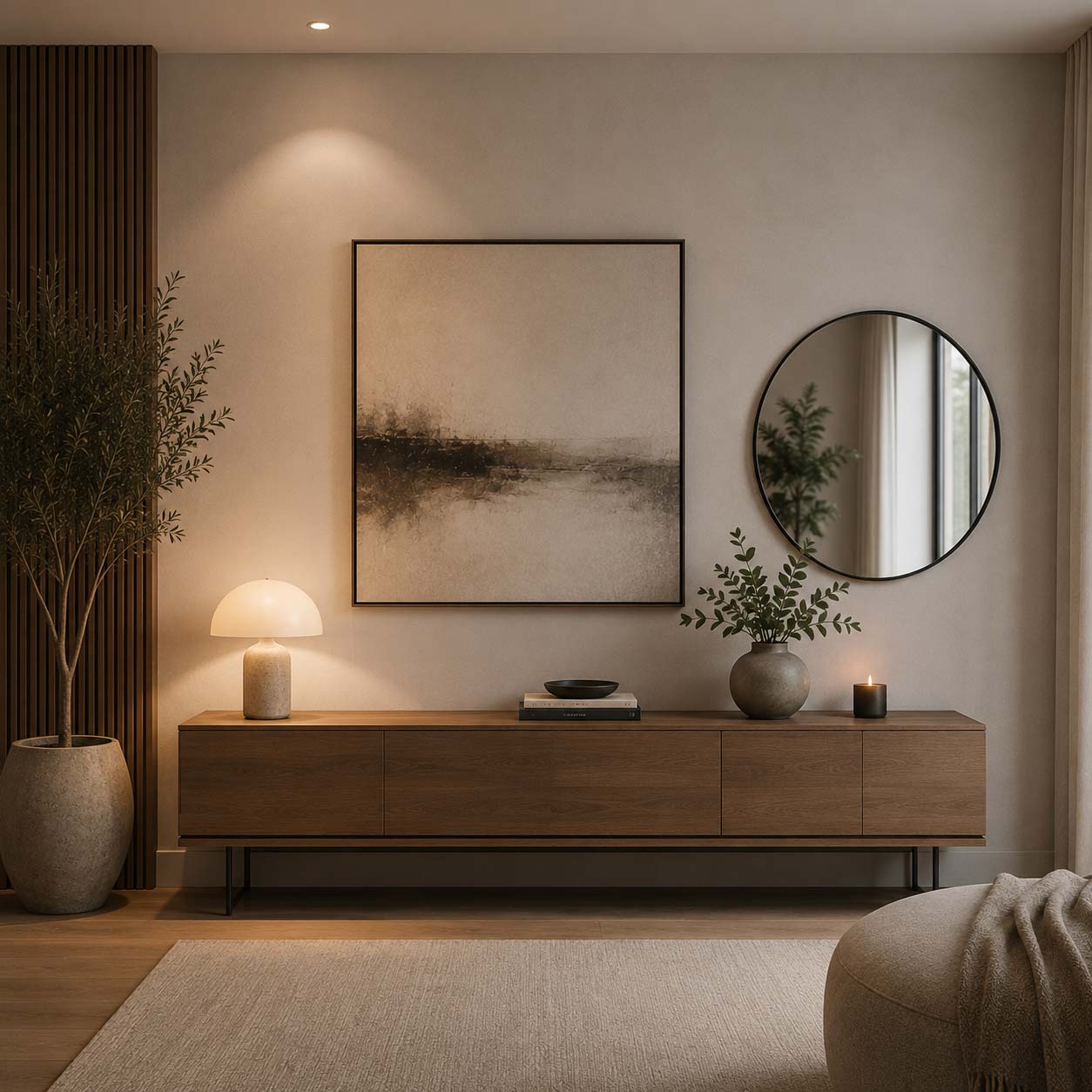 Parete moderna decorata in modo equilibrato con quadro, specchio e orologio