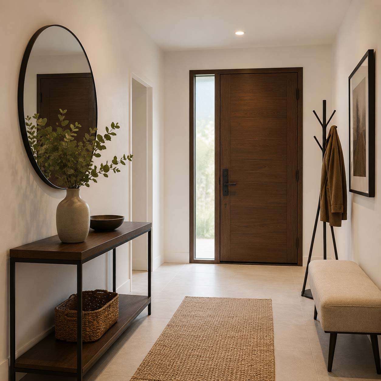 Ingresso moderno con consolle, specchio, appendiabiti e vaso decorativo