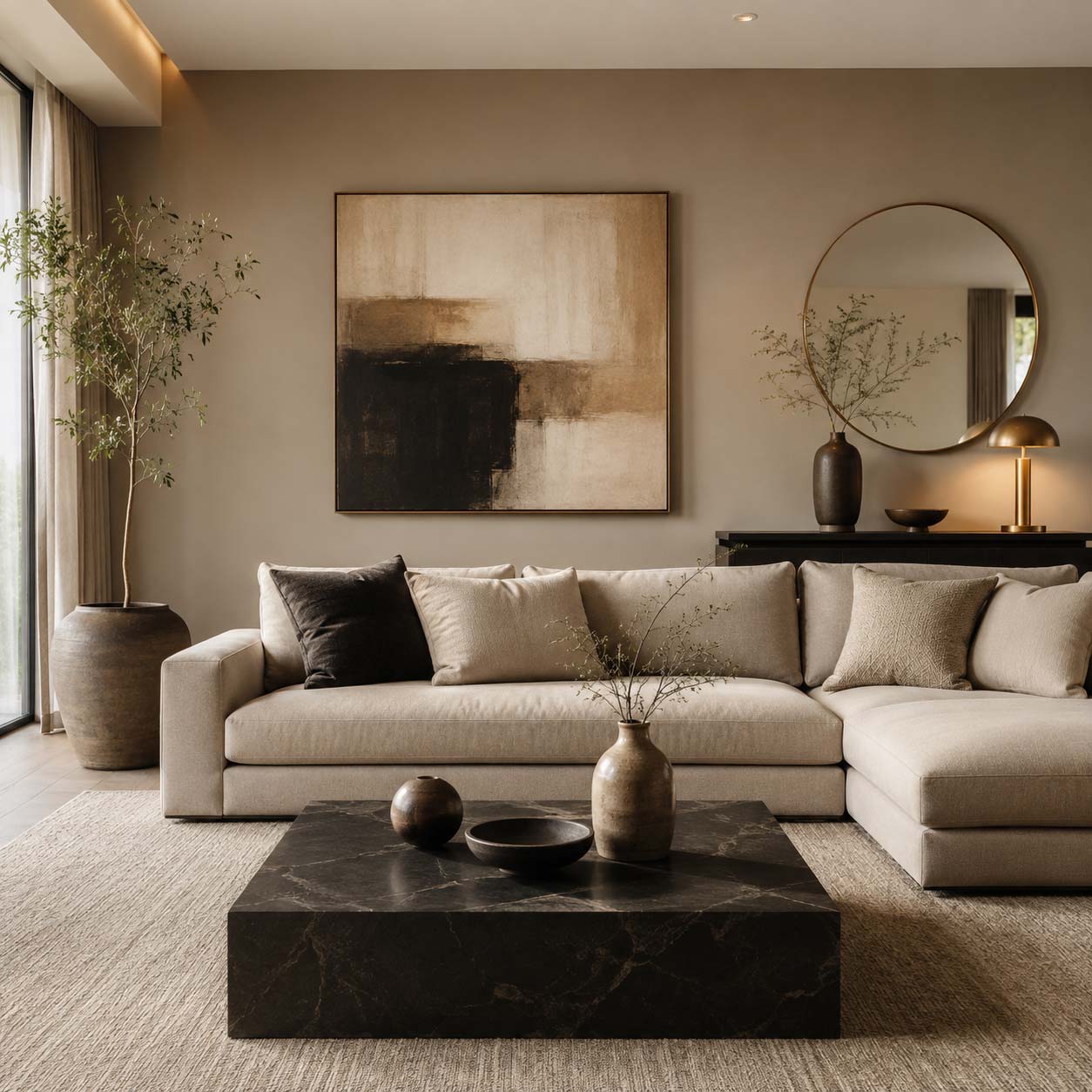 Soggiorno moderno arredato con quadro, vasi, oggetti decorativi e specchio