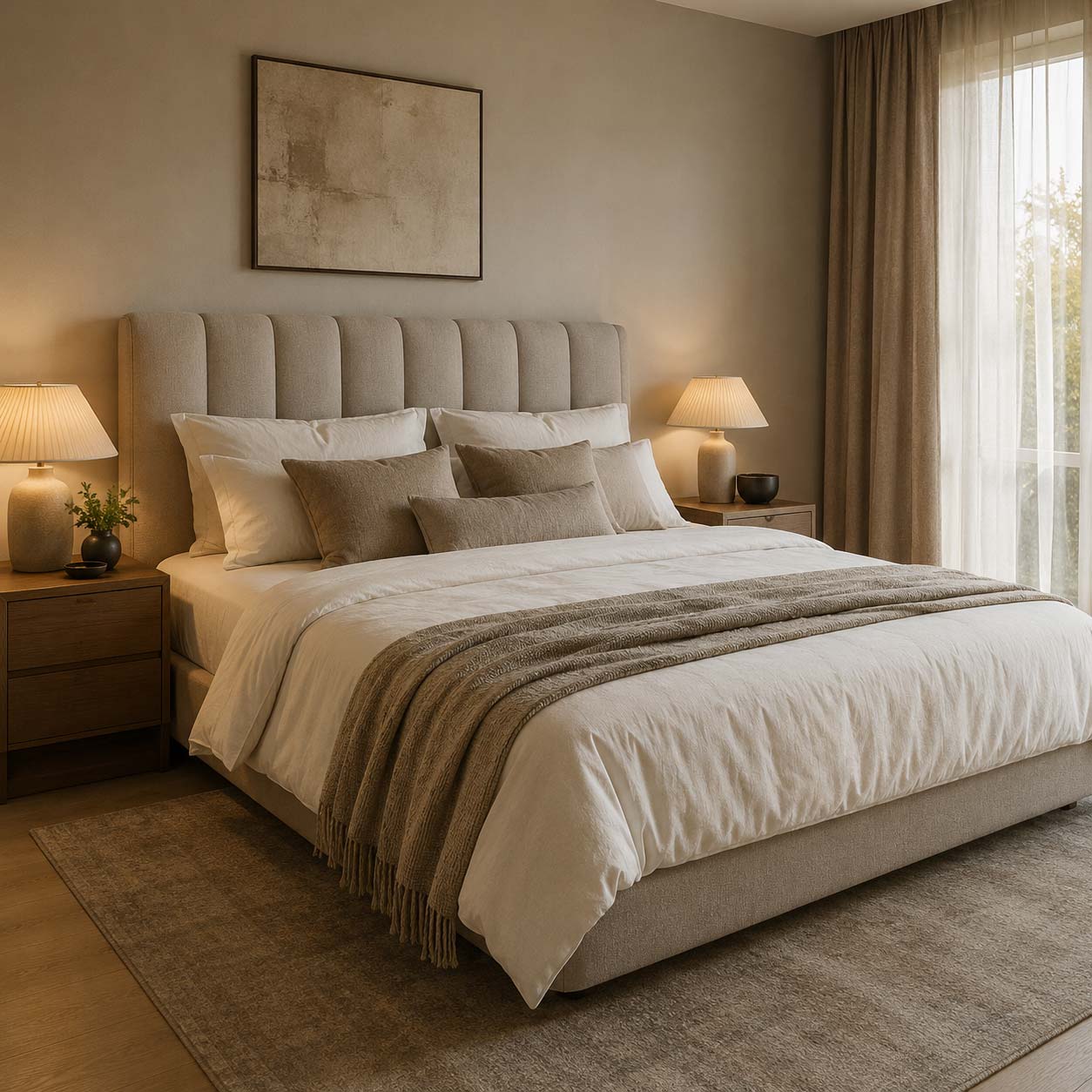 Camera da letto moderna decorata con capezzale, vasi e complementi coordinati