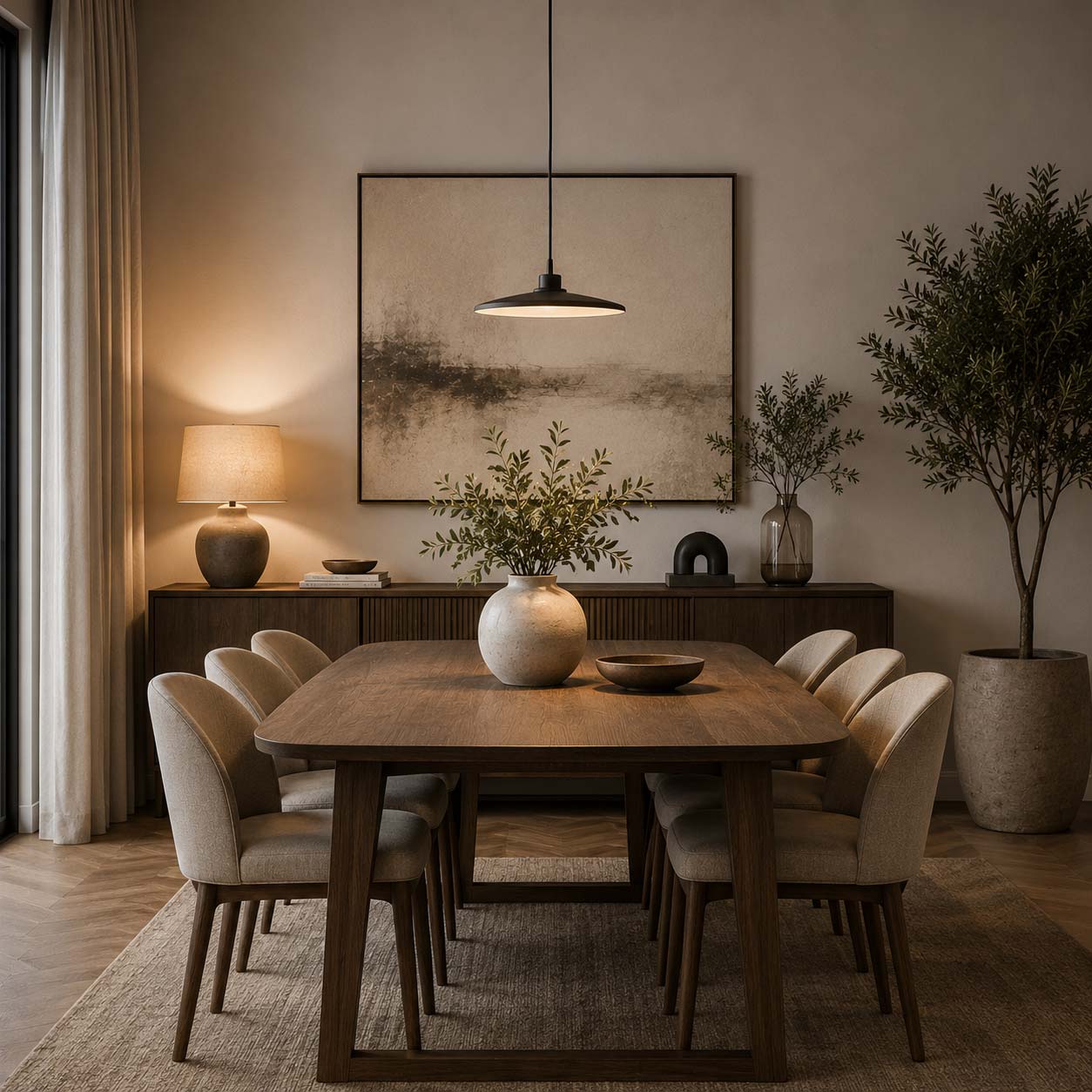 Zona pranzo moderna con tavolo, vaso decorativo e quadro sulla parete