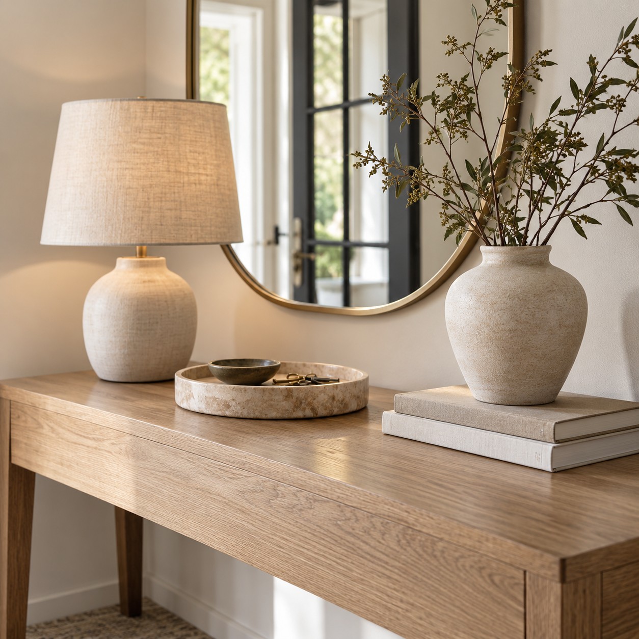 Dettaglio di una consolle d’ingresso decorata con lampada, vaso, libri e vassoio per le chiavi