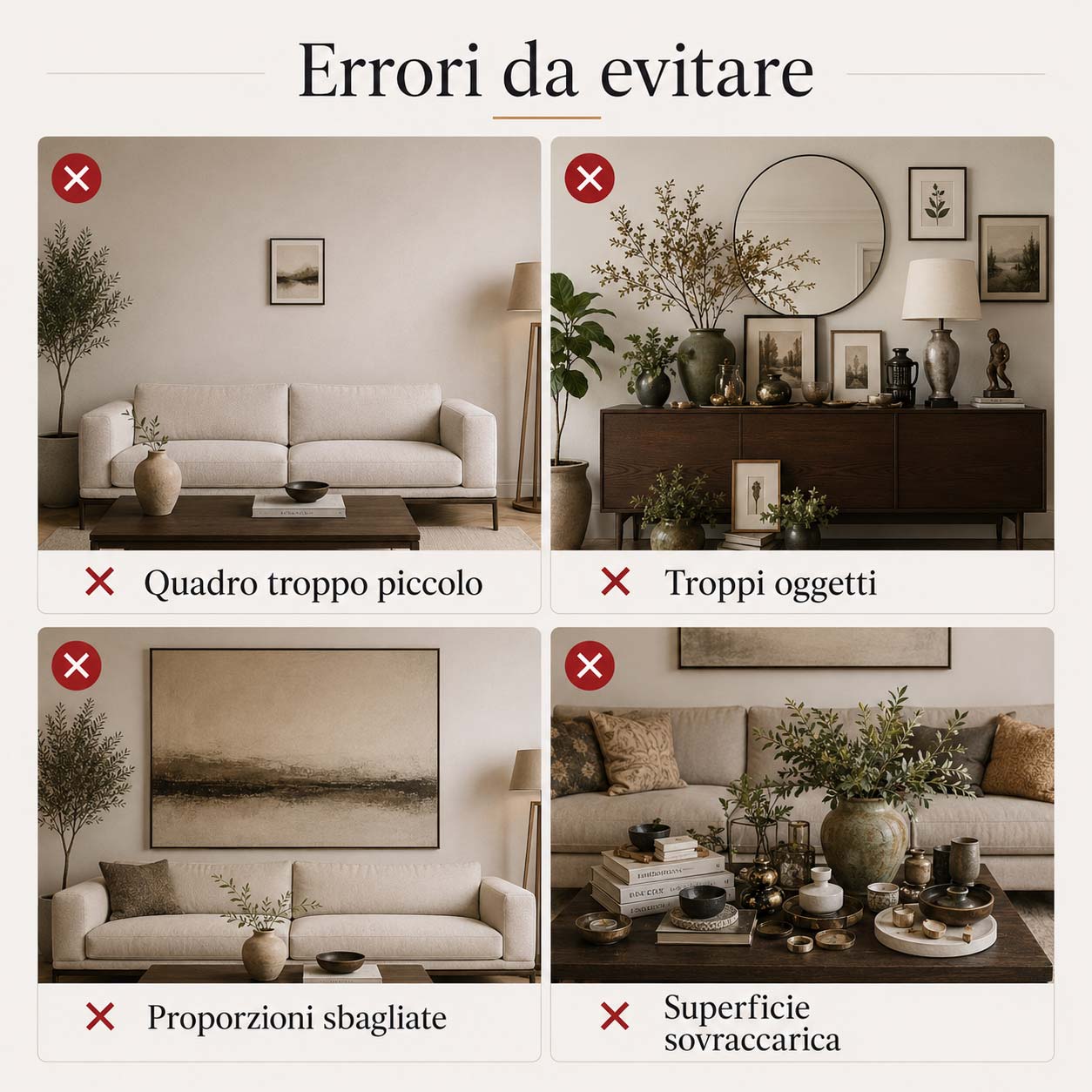 Esempi di errori nell'arredamento con complementi troppo piccoli, troppi oggetti e proporzioni sbagliate
