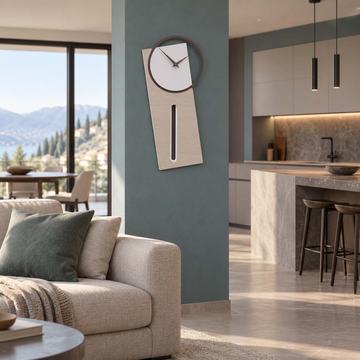 Orologio da parete visibile da soggiorno e cucina in un open space