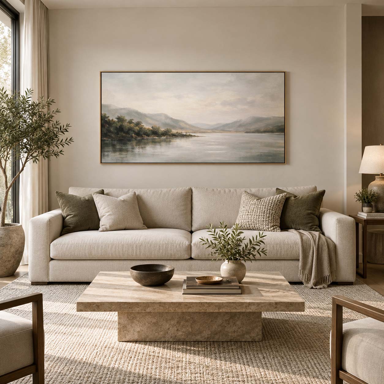 Quadro orizzontale da 150 × 80 cm centrato sopra un divano moderno da 240 cm