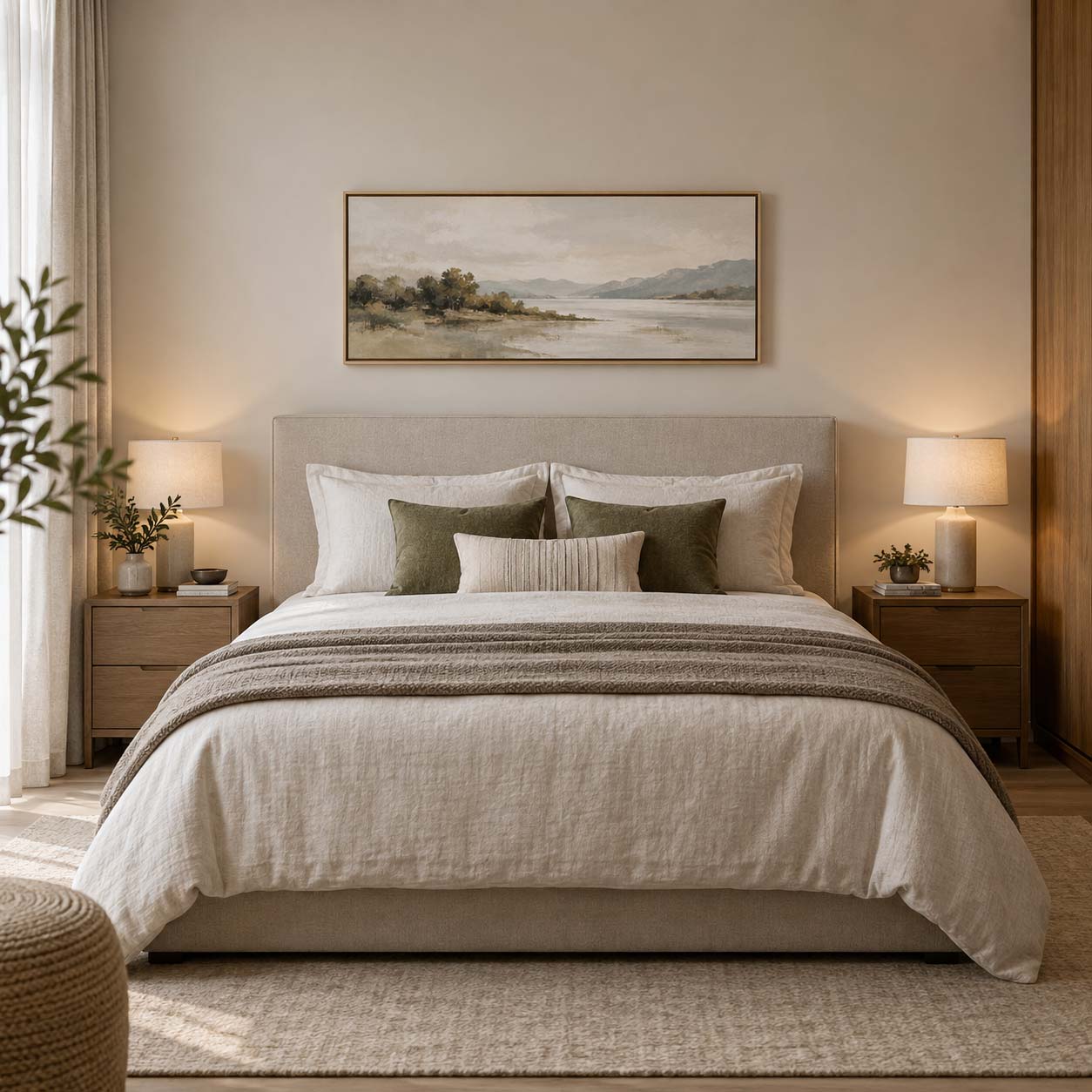Quadro orizzontale da 100 × 50 cm centrato sopra la testata di un letto matrimoniale da 160 cm