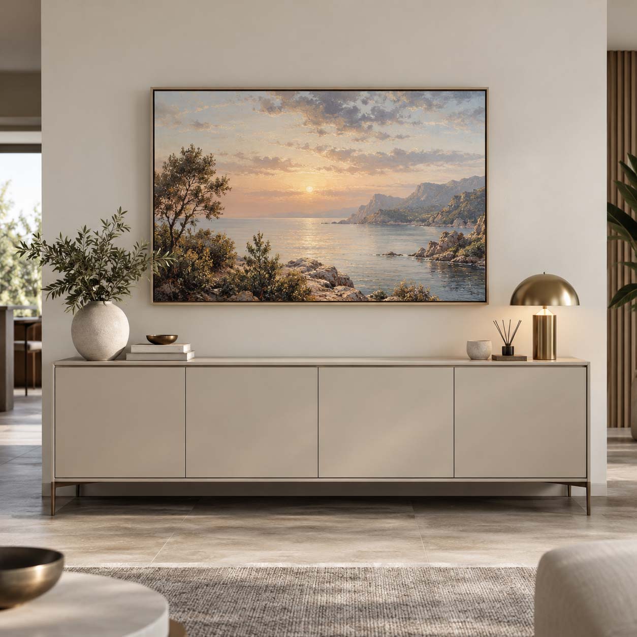 Quadro orizzontale da 120 × 80 cm sopra una madia moderna da 180 cm con spazio libero sui lati
