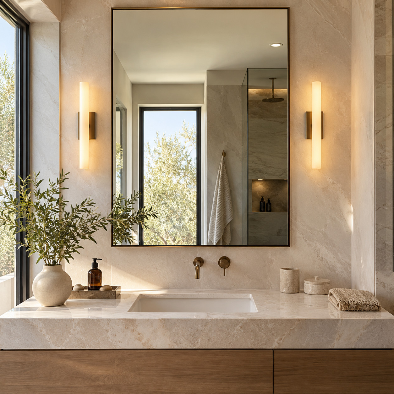 Specchio rettangolare sopra il lavabo di un bagno moderno