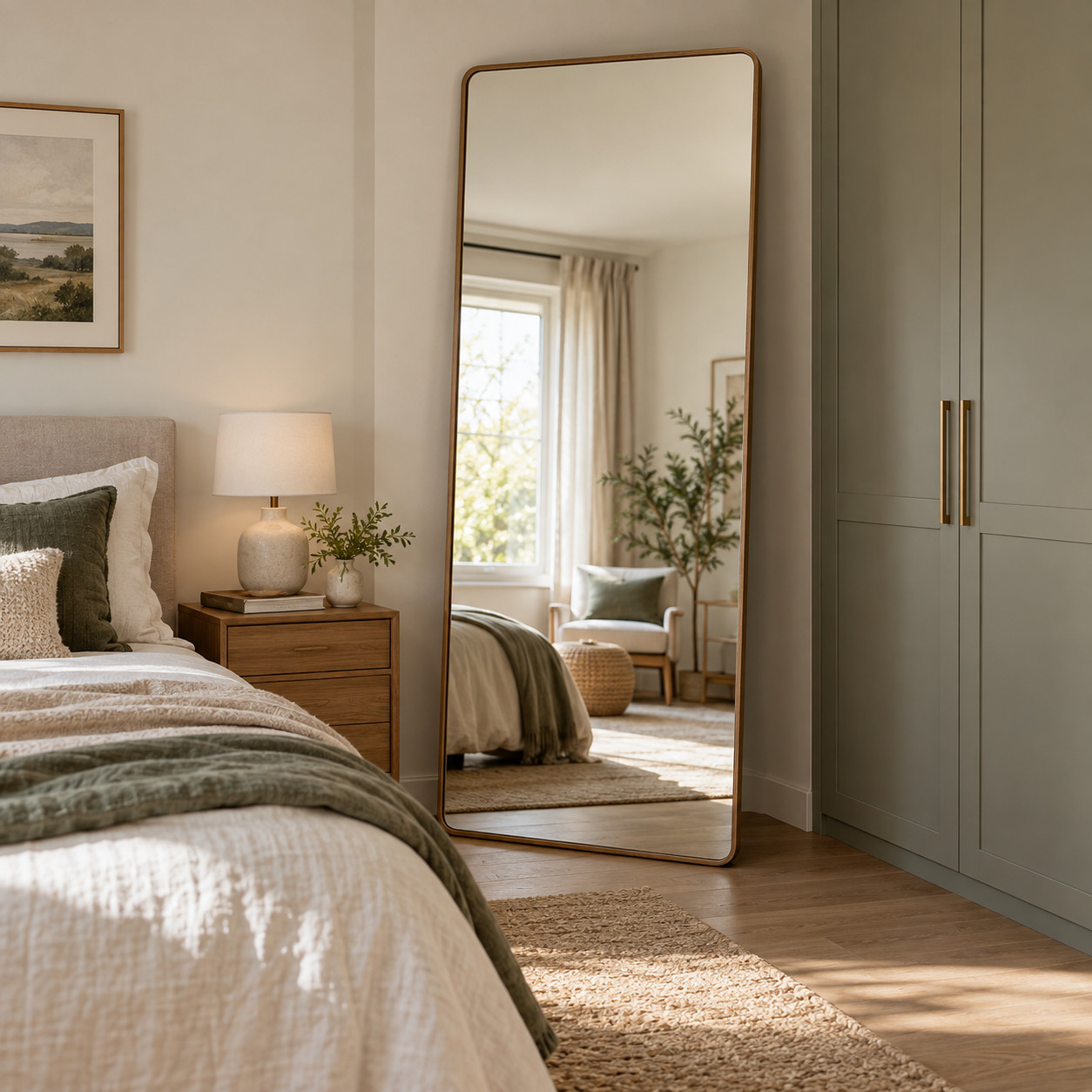 Specchio verticale a figura intera accanto all’armadio in camera da letto