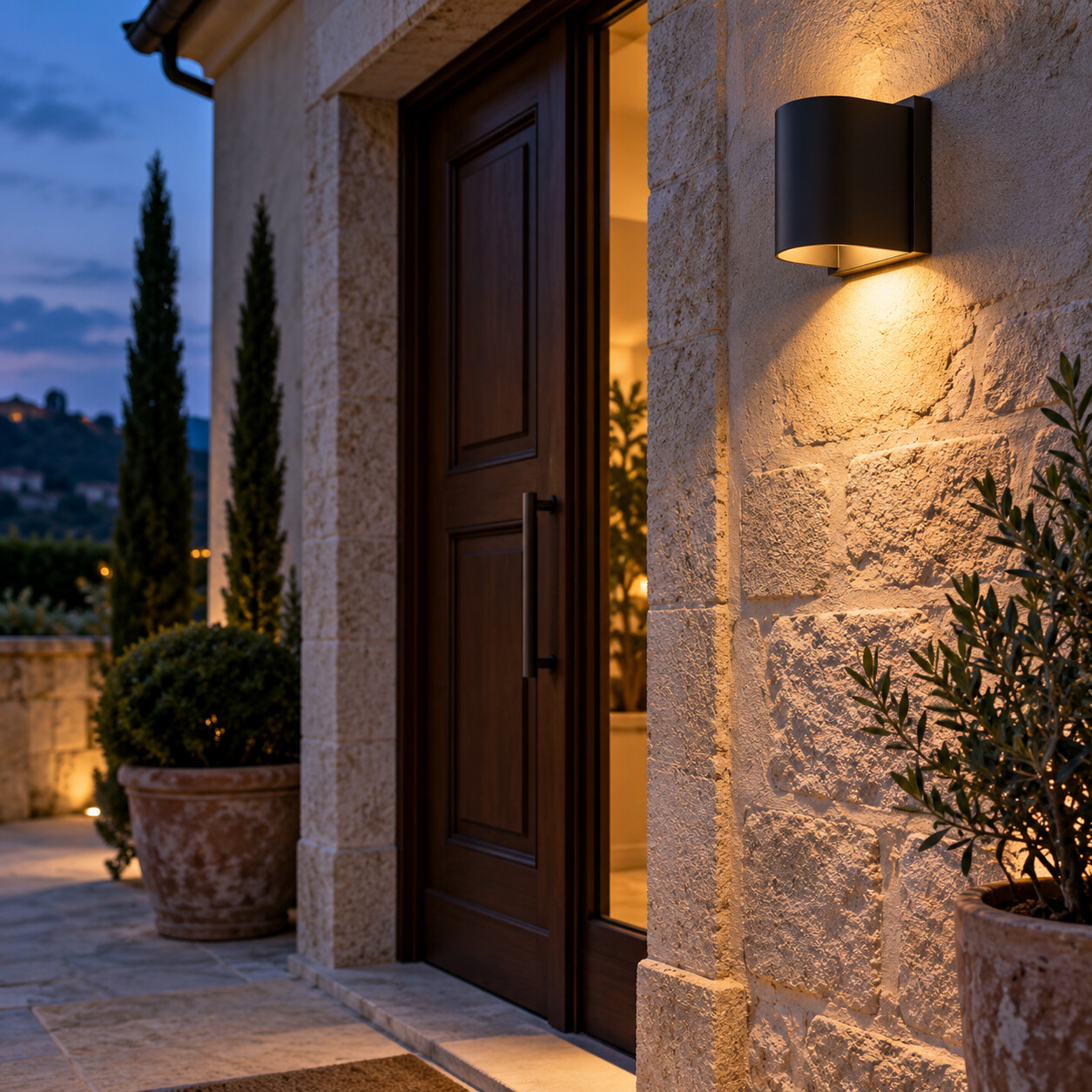 Applique da esterno accanto alla porta d’ingresso con luce schermata verso il basso