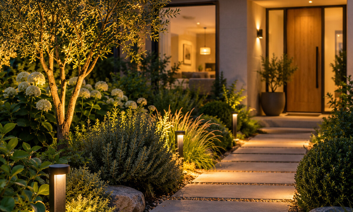 Giardino moderno illuminato con punti luce caldi lungo il percorso, le piante e la zona relax