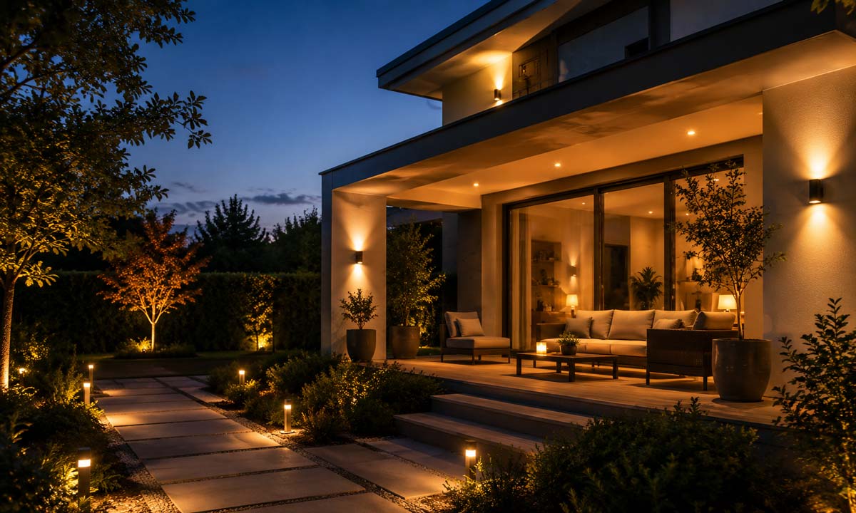Giardino e terrazzo moderni illuminati con punti luce esterni caldi